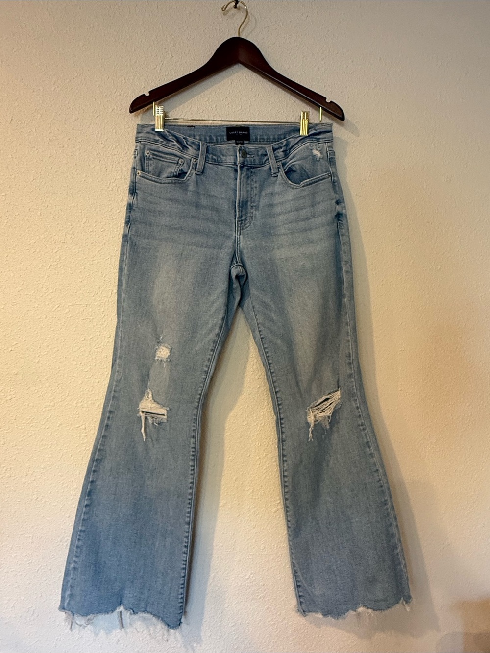 Lucky Brand Sweet Mid Rise Flare Jeans 12 31R Distressed Raw Hem